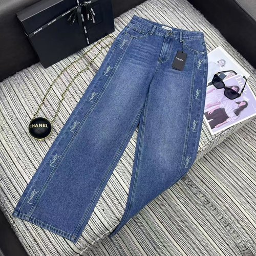 Yves Saint Laurent Autumn Collection: Rhinestone Logo Print Edge Straight - Leg Jeans
