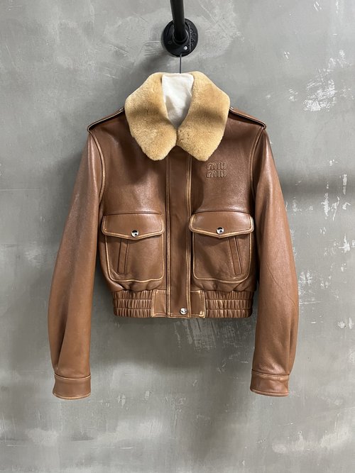 Miu Miu Classic Small Lapel Sports Casual Leather Padded Jacket