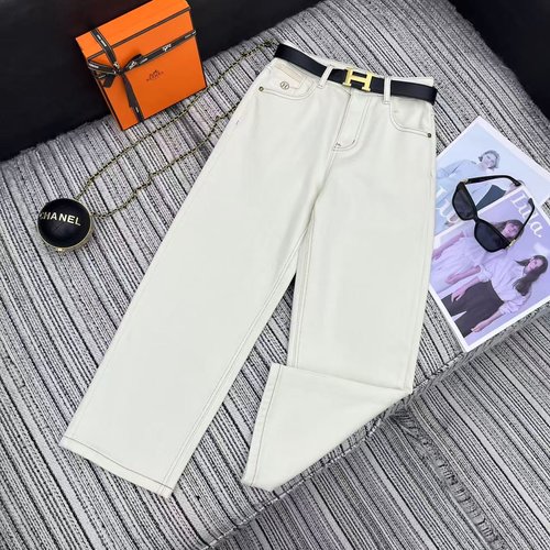 Hermes Fleece-lined Cowboy Straight Pants with Embroidered Letters