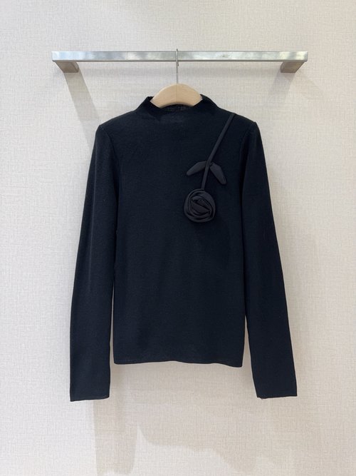 Valentino Half High Neck Knit Top with Black 3D Flower