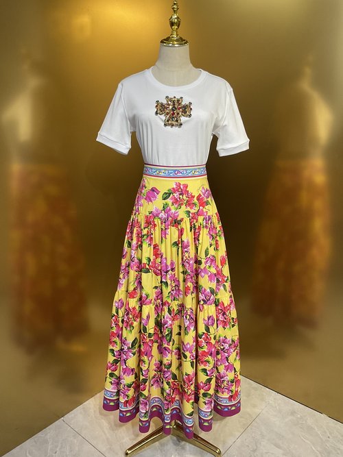 Dolce & Gabbana Rhododendron Printed Cotton Maxi Skirt