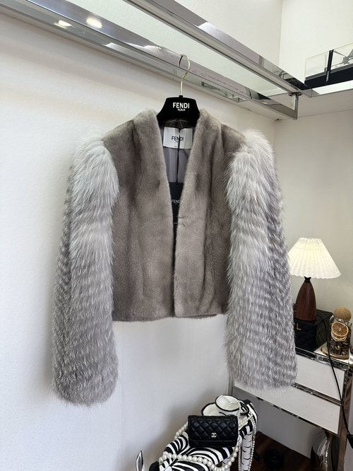 Fendi Luxurious Mink Coat with Silver Fox Sleeve Accents