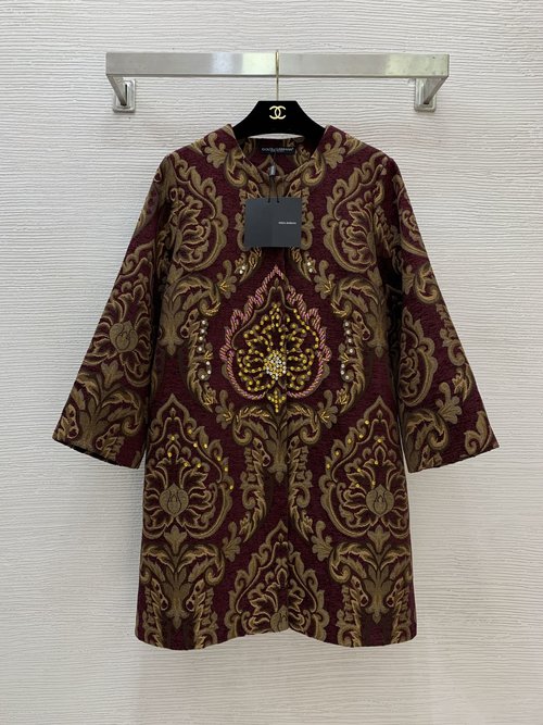 Dolce & Gabbana Luxury Chenille Coat with Vintage Jacquard & Rhinestones