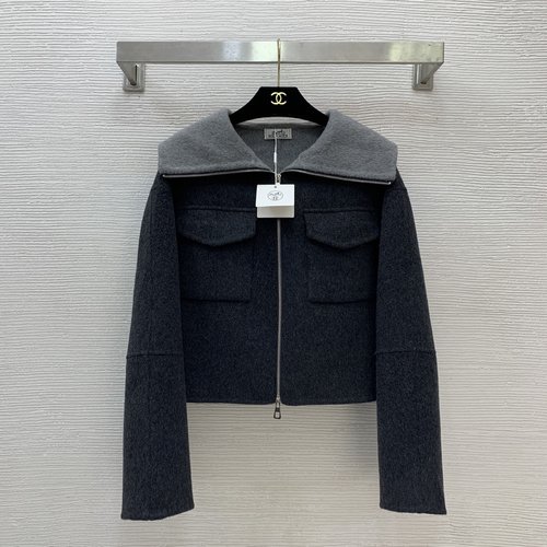 Hermes Elegant Two - tone Woolen Double - Pocket Short Coat
