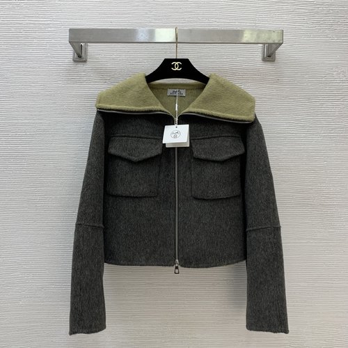Hermes Elegant Two - tone Woolen Double - Pocket Short Coat