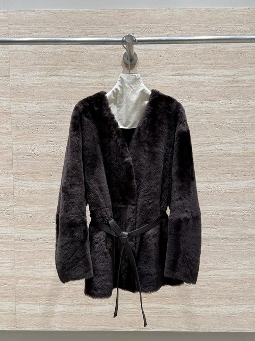 Max Mara South African Imported Lomann Fur Coat with Small V-Neck and Belt