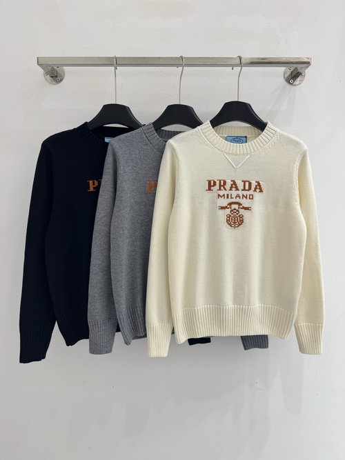 Prada Classic Round Neck Embroidered Logo Sweater, Soft & Comfortable