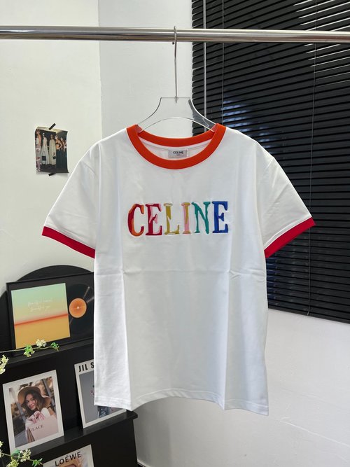 Celine Cotton Round Neck Colorful Embroidered Straight T-shirt