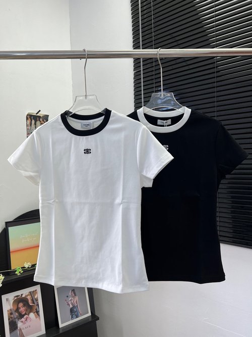 Celine Cotton Round Neck Embroidered Slim-fit Short Sleeve T-shirt