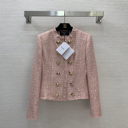 Balmain Gleaming Sequin Gold Double-Breasted Short Sleeve Coat