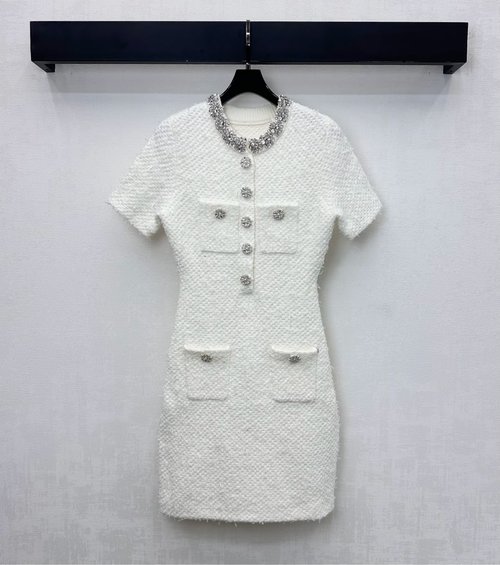 Self-Portrai Beaded Knit Dress with Rounded Buttons and Shiny Finish