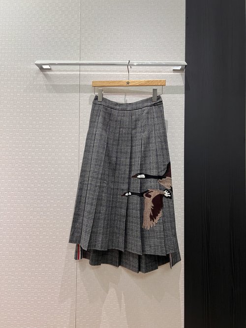 Thom Browne Retro Checked Wool Skirt with Patch Embroidery