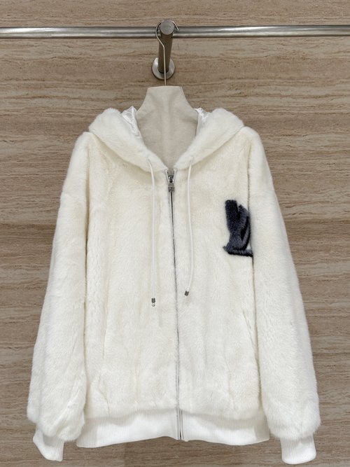 Louis Vuitton Classic Monogram Hooded Mink Coat with Soft Leather and Good Luster