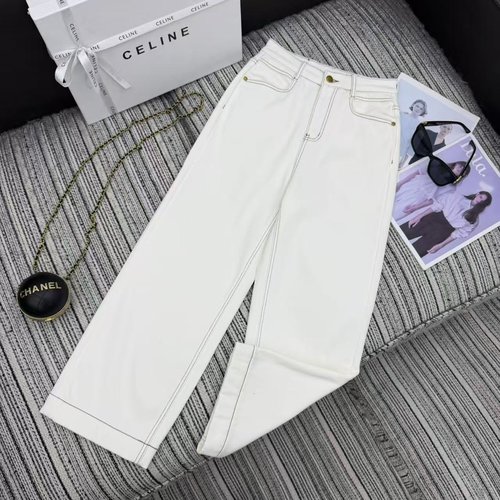 Celine Arch Embroidery Pocket Adorned Denim Straight-Leg Pants with Warm Lining