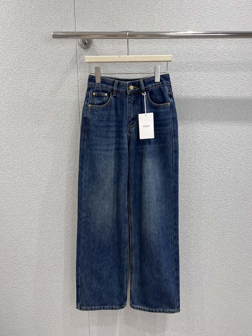 Celine Distressed Denim Wide-Leg Pants with Back Pocket Embroidery