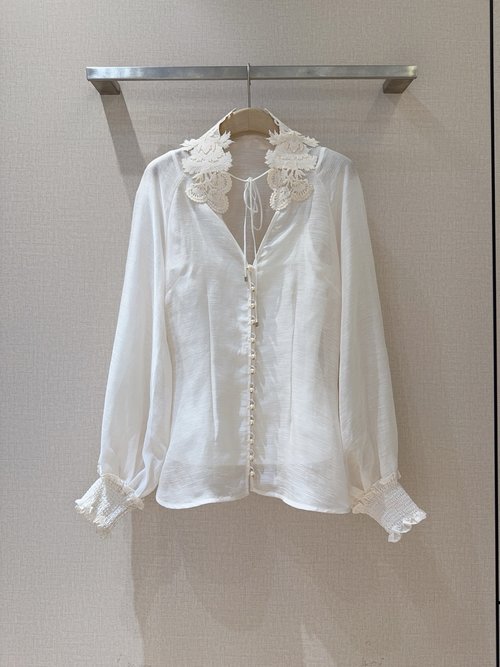 Zimmermann Milk White V-Neck Lace Trimmed Shirt with Pearl Buttons