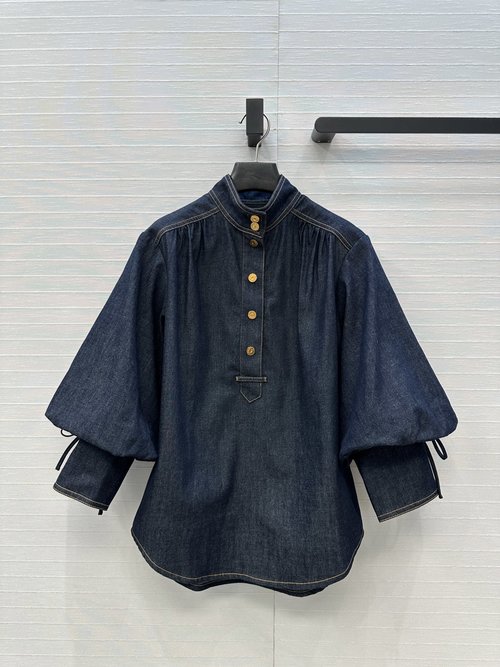 Zimmermann Starry Black Denim Shirt with Vintage Metal Buttons and Lantern Sleeves