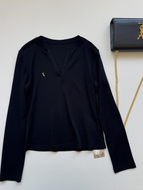 Yves Saint Laurent V-Neck 100% Wool Base Layer with Embroidered Logo
