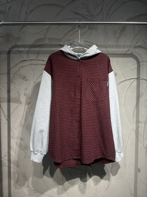Balenciaga Red Plaid Patchwork Shirt with Hood
