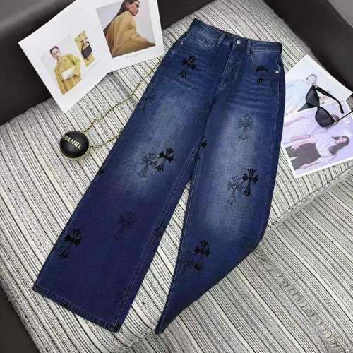 Chrome Hearts Embroidered Cross Denim Straight-Leg Pants with Fleece