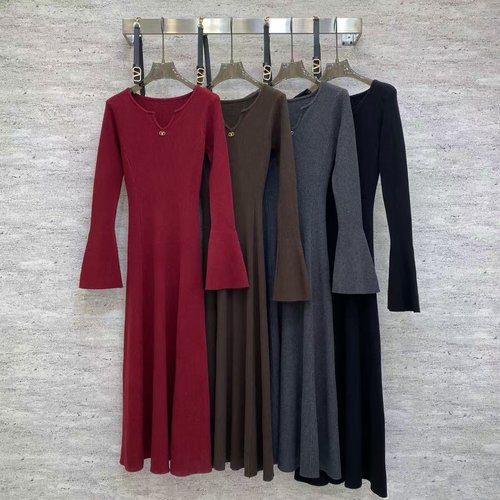 Valentino Wool Blended Dress with V-neck and Trumpet Sleeves, Four Color Selections
