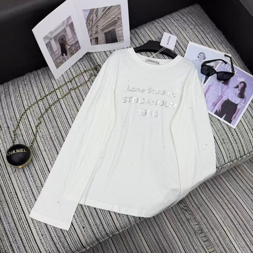 Acne Studios Recommended Letter Print and Hot Fix Drill Long Sleeve Round Neck T - shirt in Two Color Choices