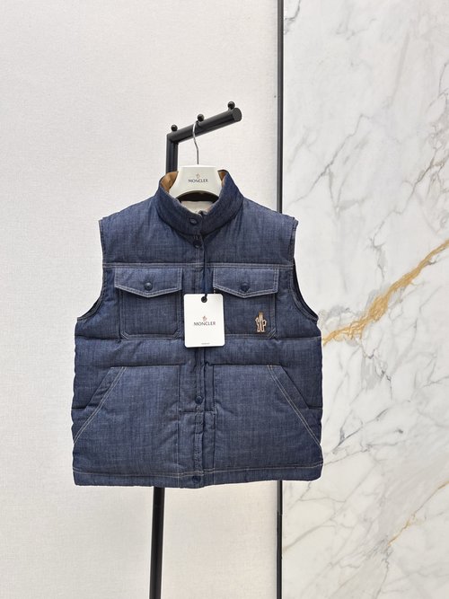 Moncler Denim Standing Collar Down Vest with a Y2K Aesthetic