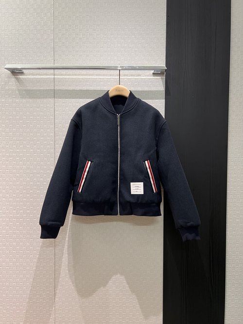 Thom Browne TB Wool Baseball Jacket with Three-Color Tape & Pocket