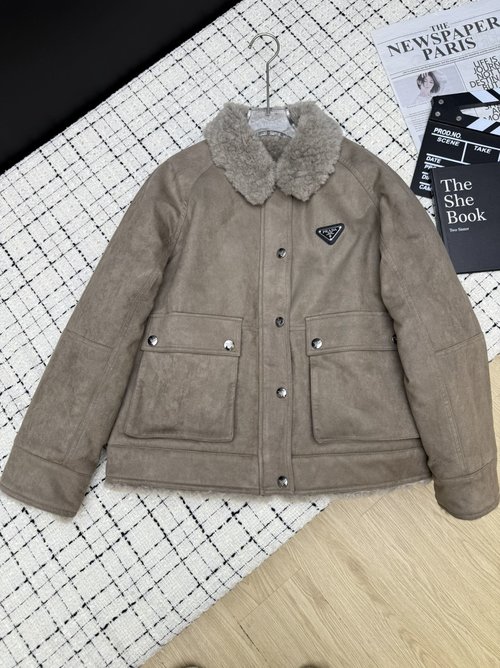 Prada Classic Triangle Logo Fur Collar Coat, Smooth