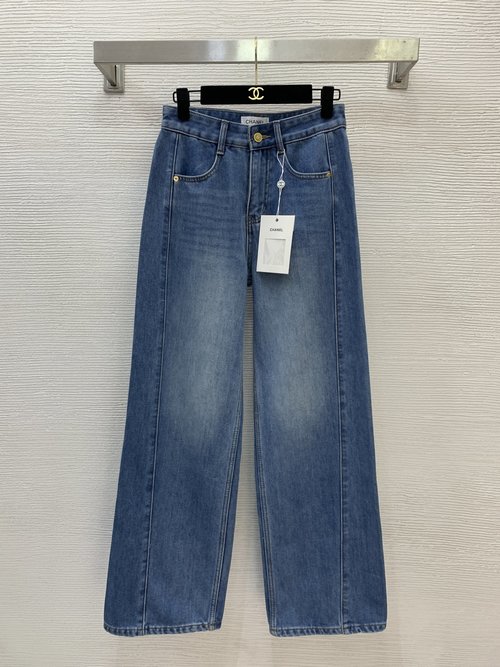 Chanel High-end Customized Straight-leg Jeans with Letter Logo Hardware