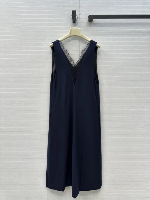 Roger Viver Wool and Lace Deep V-Neck Dress with French Allure