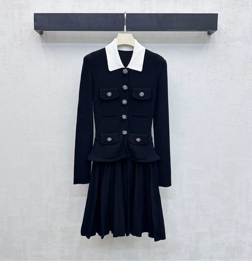 Self-Portrai Custom Wool Knit Dress with Contrast Collar and Pleated Skirt