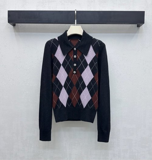 Self-Portrai V-neck Checked Knit Top with Elastic Cuffs and Diamond Buttons