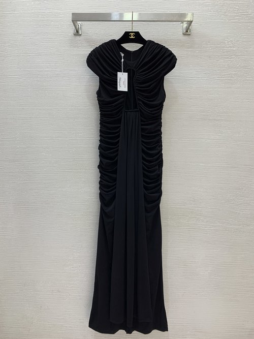 Schiaparelli Customized Black Elastic Cotton Slip Dress with Fishbone Pleats