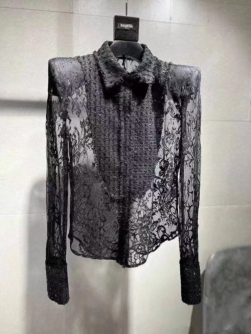 Balmain Silver Spun Fabric Spliced Lace Button-down Collared Shirt