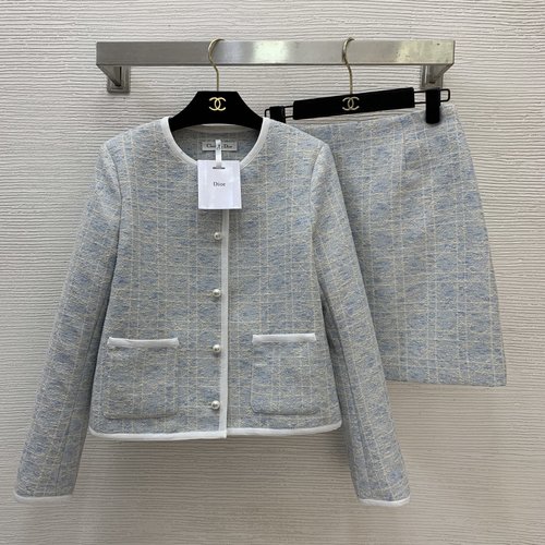 Dior Two-piece Set with Pearl Buttons and A-line Skirt