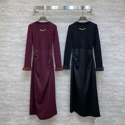 Valentino Knit and Satin Midi Dress with Chain Neck