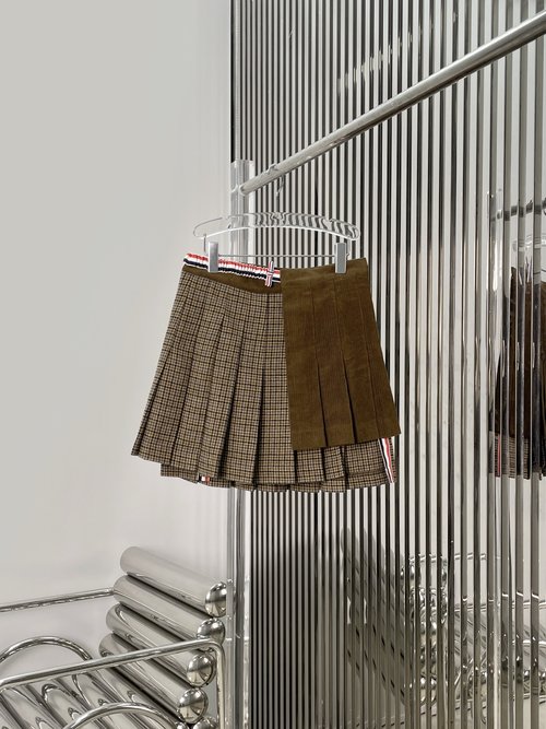 Thom Browne Elegant TB Design: Melange Corduroy Coat with Pleated Skirt