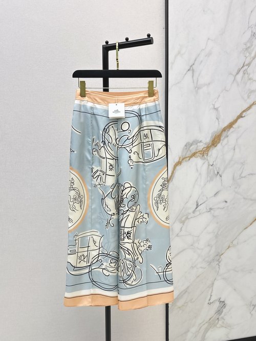 Hermes Silk Wide-Leg Straight Pants with All-Over Print for Timeless Chic