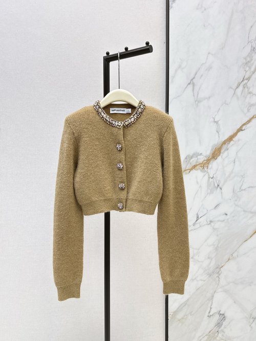 Self-Portrai Elegant Rhinestone-Trimmed Short Knitted Cardigan, Timeless Style