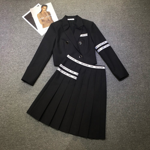Dior Double-Breasted Blazer and Pleated Skirt Set with Letter Tape