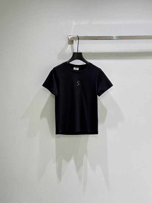 Yves Saint Laurent Cotton T-Shirt with Classic YSL Beaded & Diamond Embroidery