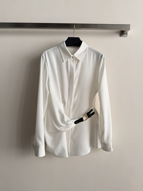 Yves Saint Laurent Lightweight Collared Long-Sleeve Shirt with Waist Buckle, Stylish and Adaptable