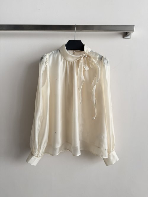 Loro Piana French Elegant Bow Blouse with Lustrous Fabric and Pearl Accents