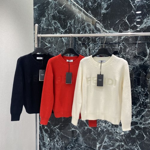 Fendi Vertical Striped Logo Embroidered Round Neck Knit Sweater