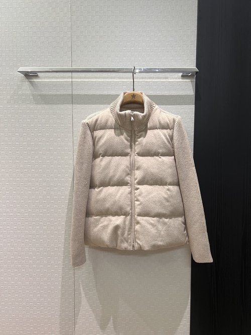 Brunello Cucinelli High Neck Wool Knit Spliced Down Jacket with Pearl Chain