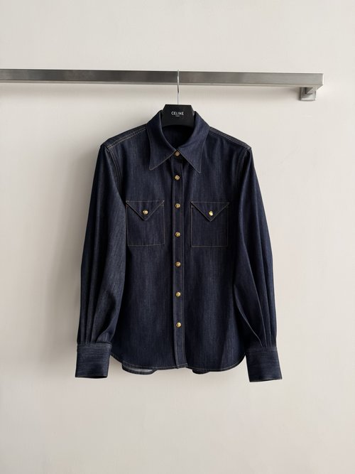 Celine Retro Denim Shirt with Double Chest Pockets, Classic Casual Style