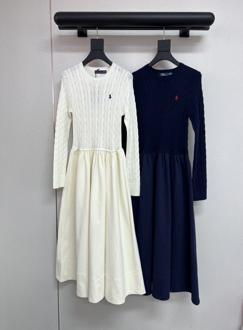 Polo Ralph Lauren High-quality Sweater-spliced Dress with Classic Wool Twists