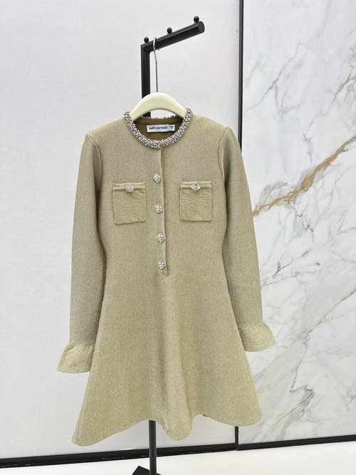 Self-Portrai Golden Knit Dress with Round Neck, Fish Tail Skirt and Diamond Embellishment