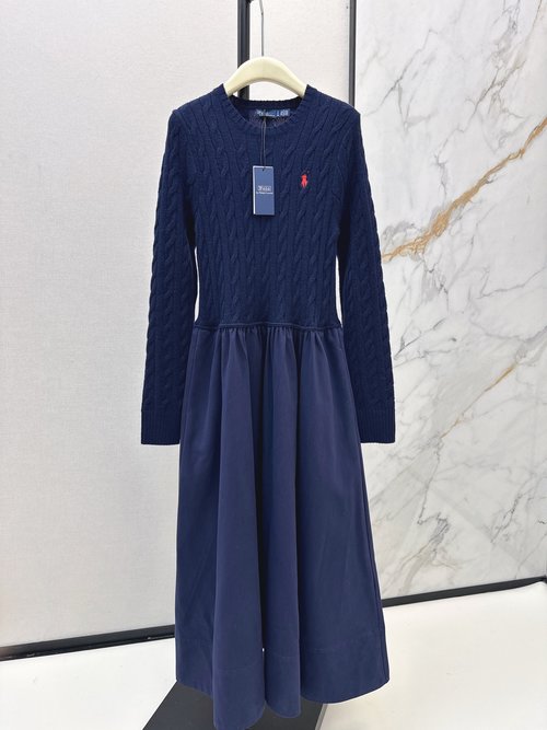Polo Ralph Lauren Pony Embroidery Spliced Long Dress with Diverse Fabrics and Elegant Skirt